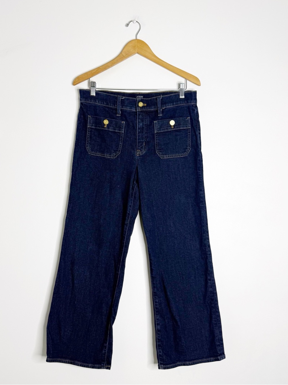 J.Crew Premium Edition Slim Wide-Leg Jeans Size 30 Petite Dark Wash Gold Buttons